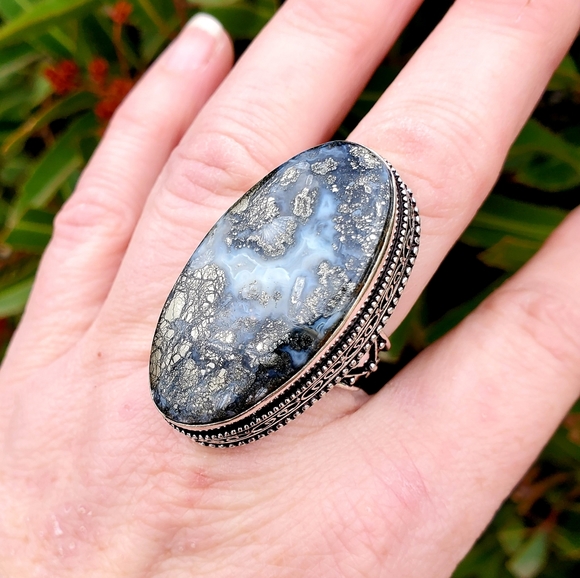 New Huge Pyrite Agate 925 Silver Statement Ring. - Picture 2 of 16